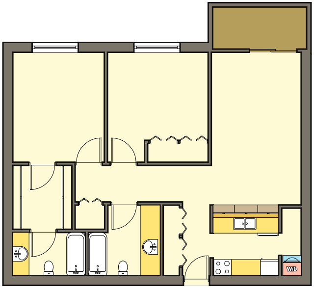Floor plan for 2 beds, 2 baths, 1040 sqft